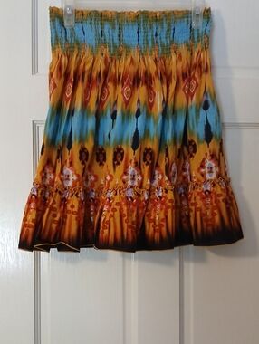 Tracy Evans Yellow and Teal Smocked Mini Skirt
